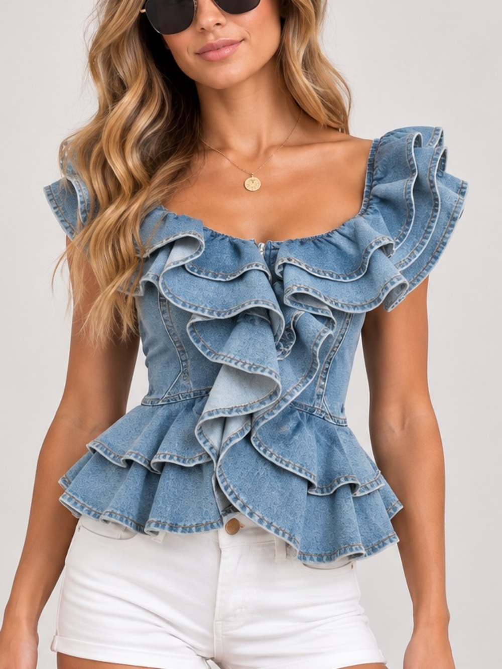 052.New Denim Ruffle Peplum Top  zipper on back